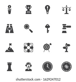 Startup idea vector icons set, modern solid symbol collection, filled style pictogram pack. Signs, logo illustration. Set includes icons as award cup, money tree, idea lamp, aim target, clock, key