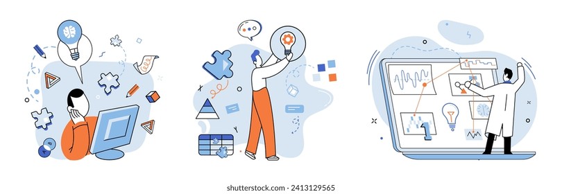 Startup idea. Vector illustration. Entrepreneurs must consider various aspects, including market trends, competitive analysis, and financial projections Planning helps entrepreneurs anticipate