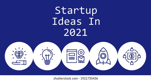ideas de inicio en 2021 concepto de fondo con ideas de inicio en iconos de 2021. Idea relacionada con los iconos, marca, cohete, crowdfunding