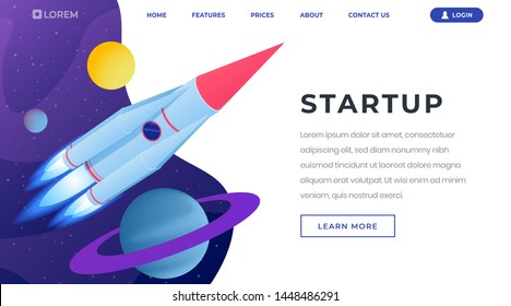 Startup ideas isometric landing page template. 3d spaceship, rocket flying in outer space, leaving solar system. Beginning new business, launching innovative startups website page design layout