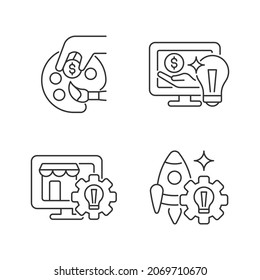 Juego de iconos lineales de ideas de inicio. Patronato y orientación. Mercado en línea. Lanzamiento de pequeñas empresas. Símbolos de contorno de línea delgada personalizables. Ilustraciones aisladas del contorno vectorial. Trazo editable