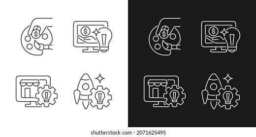 Ideas de inicio iconos lineales establecidos para el modo oscuro y claro. Patronato, guía. Mercado en línea. Pequeña empresa. Símbolos de línea delgada personalizables. Ilustraciones aisladas del contorno vectorial. Trazo editable