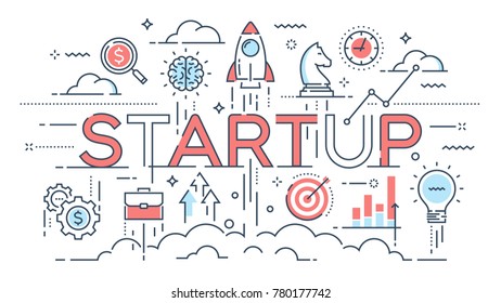 Startup, ideas and new business, development, project launch thin line concept. Vector illustration. Editable stroke.