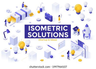 Startup and Ideas set - people launching spaceship or space rocket, lightbulbs on conveyor belt, shooting target. Bundle of isometric design elements isolated on white background. Vector illustration.