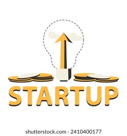 Startup illustration, banner, with bulb and coins