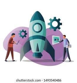 Startup illustration with the concept of cooperation and technology in building a business