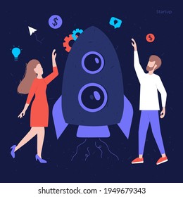 Startup illustration concept with icons and characters. People are happy with the launch of a startup. Digital business dark illustrations