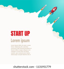 Startup illustration concept. Three rockets in the sky. Flat style vector illustration. Empty space for text your