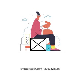 Startup illustration. Flat line vector modern concept illustration of a young man, startup metaphor. Concept of building new business, planning and strategy, teamwork and management, company processes
