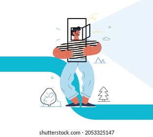 Startup illustration. Flat line vector modern concept illustration of a young man, startup metaphor. Concept of building new business, planning and strategy, teamwork and management, company processes
