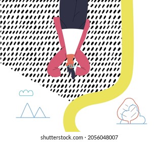 Startup illustration. Flat line vector modern concept illustration of a young man, startup metaphor. Concept of building new business, planning and strategy, teamwork and management, company processes