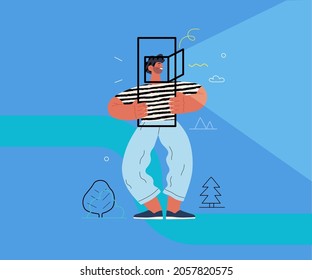 Startup illustration. Flat line vector modern concept illustration of a young man, startup metaphor. Concept of building new business, planning and strategy, teamwork and management, company processes