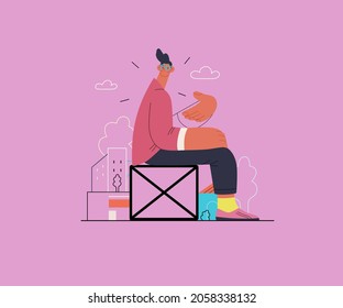 Startup-Illustration. Flache Linie Vektorgrafik des modernen Konzepts Illustration eines jungen Mannes, Startup-Metapher. Konzept des Neubaus von Unternehmen, Planung und Strategie, Teamwork und Management, Unternehmensprozesse