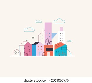 Startup illustration. Flat line vector modern concept illustration of a city, startup metaphor. Concept of building new business, planning and strategy, teamwork and management, company processes svg