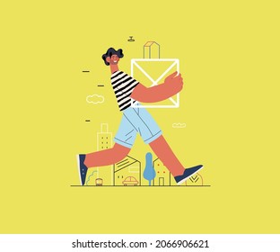 Startup illustration. Flat line vector modern concept illustration of a young man, startup metaphor. Concept of building new business, planning and strategy, teamwork and management, company processes