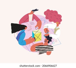 Startup-Illustration. Flache Linie, Vektorgrafik des modernen Konzepts der jungen Frau, Startup-Metapher. Konzept des Neubaus von Unternehmen, Planung und Strategie, Teamwork und Management, Unternehmensprozesse