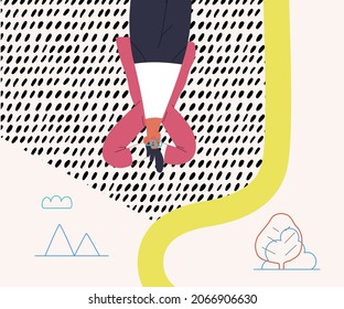 Startup illustration. Flat line vector modern concept illustration of a young man, startup metaphor. Concept of building new business, planning and strategy, teamwork and management, company processes