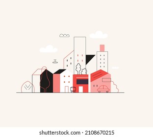 Startup illustration. Flat line vector modern concept illustration of a city, startup metaphor. Concept of building new business, planning and strategy, teamwork and management, company processes