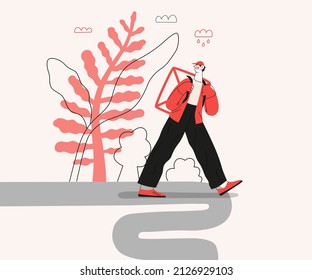 Startup illustration. Flat line vector modern concept illustration of a young man, startup metaphor. Concept of building new business, planning and strategy, teamwork and management, company processes