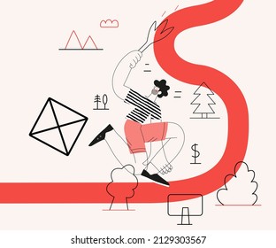 Startup illustration. Flat line vector modern concept illustration of a young man, startup metaphor. Concept of building new business, planning and strategy, teamwork and management, company processes