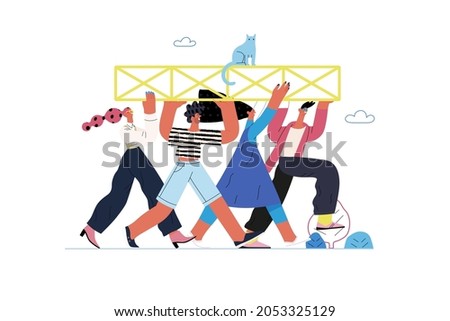 Startup illustration. Flat line vector modern concept illustration of young people, startup metaphor. Concept of building new business, planning, strategy, teamwork and management, company processes