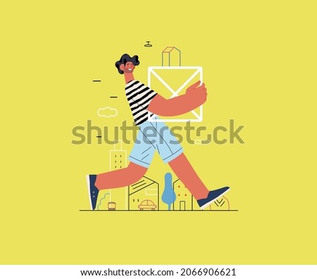 Startup illustration. Flat line vector modern concept illustration of a young man, startup metaphor. Concept of building new business, planning and strategy, teamwork and management, company processes