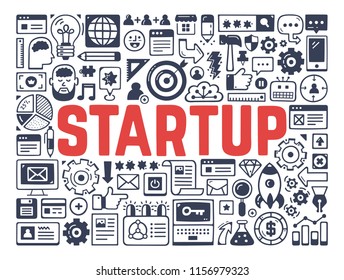 Startup - Illustration with Hand Drawn Icons.