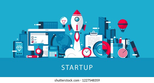 Startup illustration in modern flat style with bright colors. New business, success, fresh ideas. Landing page web template.
