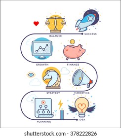Startup illustration process, from idea through planning and strategy, marketing, finance, to realization and success. 