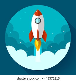 Startup illustration. Rocket in the clouds. Flat design style