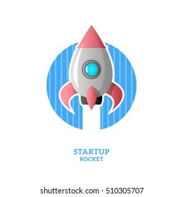 Startup illustration with rocket ship launch on blue circle with stripes. Space travel in a flat style
