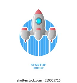 Startup illustration with rocket ship launch on blue circle with stripes. Space travel in a flat style