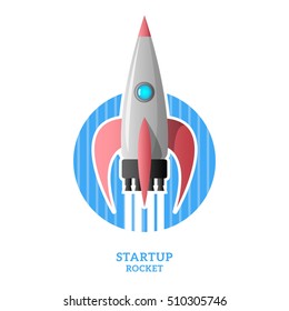 Startup illustration with rocket ship launch on blue circle with stripes. Space travel in a flat style