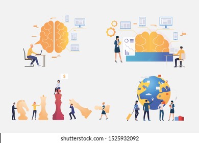 Startup illustration set. People playing chess, travelling, studying brain work, thinking over strategy. Business concept. Vector illustration for banners, layouts, website design
