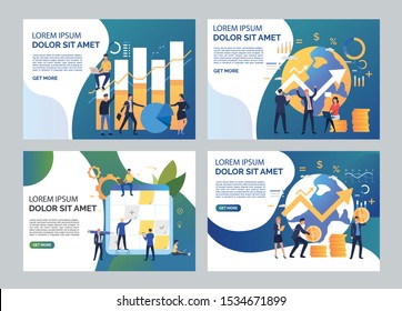 Startup illustration set. Team sticking notes on planning board, constructing diagrams. Business concept. Vector illustration for topics like finance, investment, marketing