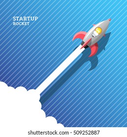 Startup illustration. Space rocket launch with light bulb