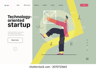 Startup illustration, website landing template Flat line vector modern concept illustration, startup metaphor. Concept of building new business, strategy, company processes Technology oriented startup