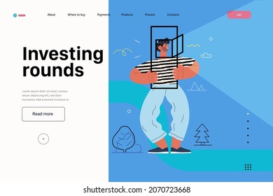 Startup illustration, website landing template Flat line vector modern concept illustration, startup metaphor. Concept of building new business, strategy, company processes. Investing rounds