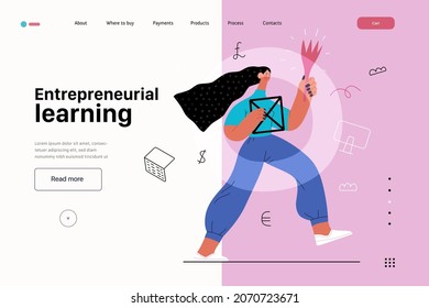 Startup illustration, website landing template. Flat line vector modern concept illustration, startup metaphor. Concept of building new business, strategy, company processes. Entrepreneurial learning