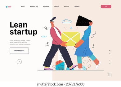Ilustración de inicio, planilla de aterrizaje de sitio Plano vector de línea moderna ilustración de concepto, metáfora de inicio. Concepto de construcción de nuevos negocios, estrategias, procesos de empresa. Inicio de Lean