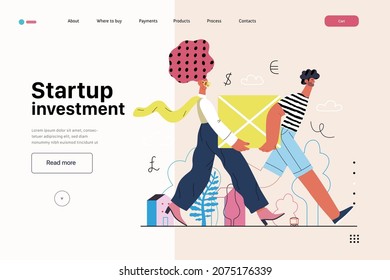 Startup illustration, website landing template Flat line vector modern concept illustration, startup metaphor. Concept of building new business, strategy, company processes. Startup investment
