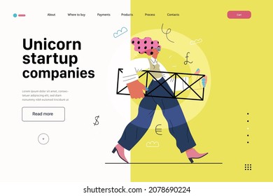 Startup illustration, website landing template Flat line vector modern concept illustration, startup metaphor. Concept of building new business, strategy, company processes. Unicorn startup companies