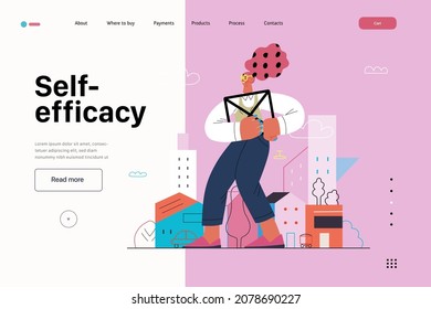 Startup illustration, website landing template Flat line vector modern concept illustration, startup metaphor. Concept of building new business, strategy, company processes. Self efficacy