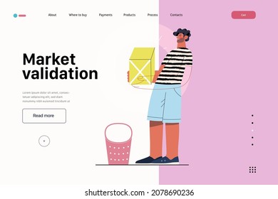 Startup illustration, website landing template Flat line vector modern concept illustration, startup metaphor. Concept of building new business, strategy, company processes. Market validation