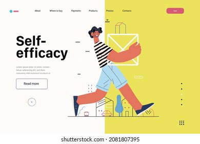 Startup illustration, website landing template Flat line vector modern concept illustration, startup metaphor. Concept of building new business, strategy, company processes. Self-efficacy