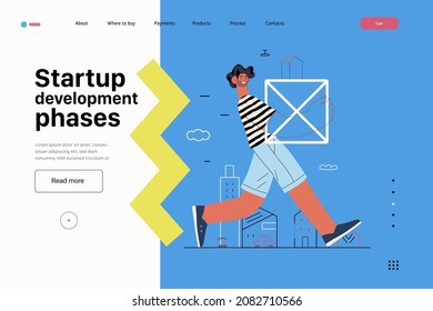 Startup illustration, website landing template Flat line vector modern concept illustration, startup metaphor. Concept of building new business, strategy, company processes. Startup development phases