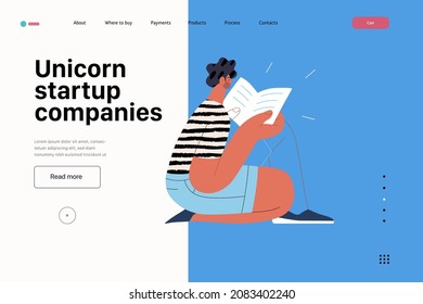 Ilustración de inicio, planilla de aterrizaje de sitio Plano vector de línea moderna ilustración de concepto, metáfora de inicio. Concepto de construcción de nuevos negocios, estrategias, procesos de empresa. Empresas nuevas de Unicorn