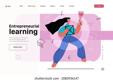 Startup illustration, website landing template. Flat line vector modern concept illustration, startup metaphor. Concept of building new business, strategy, company processes. Entrepreneurial learning