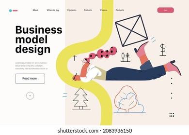 Startup-Illustration, Website-Landing-Vorlage Flache Linie, Vektorgrafik des modernen Konzepts, Startup-Metapher. Konzept des Aufbaus des neuen Geschäfts, Strategie, Unternehmensprozesse. Geschäftsmodelldesign