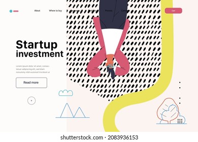 Startup illustration, website landing template Flat line vector modern concept illustration, startup metaphor. Concept of building new business, strategy, company processes. Startup investment